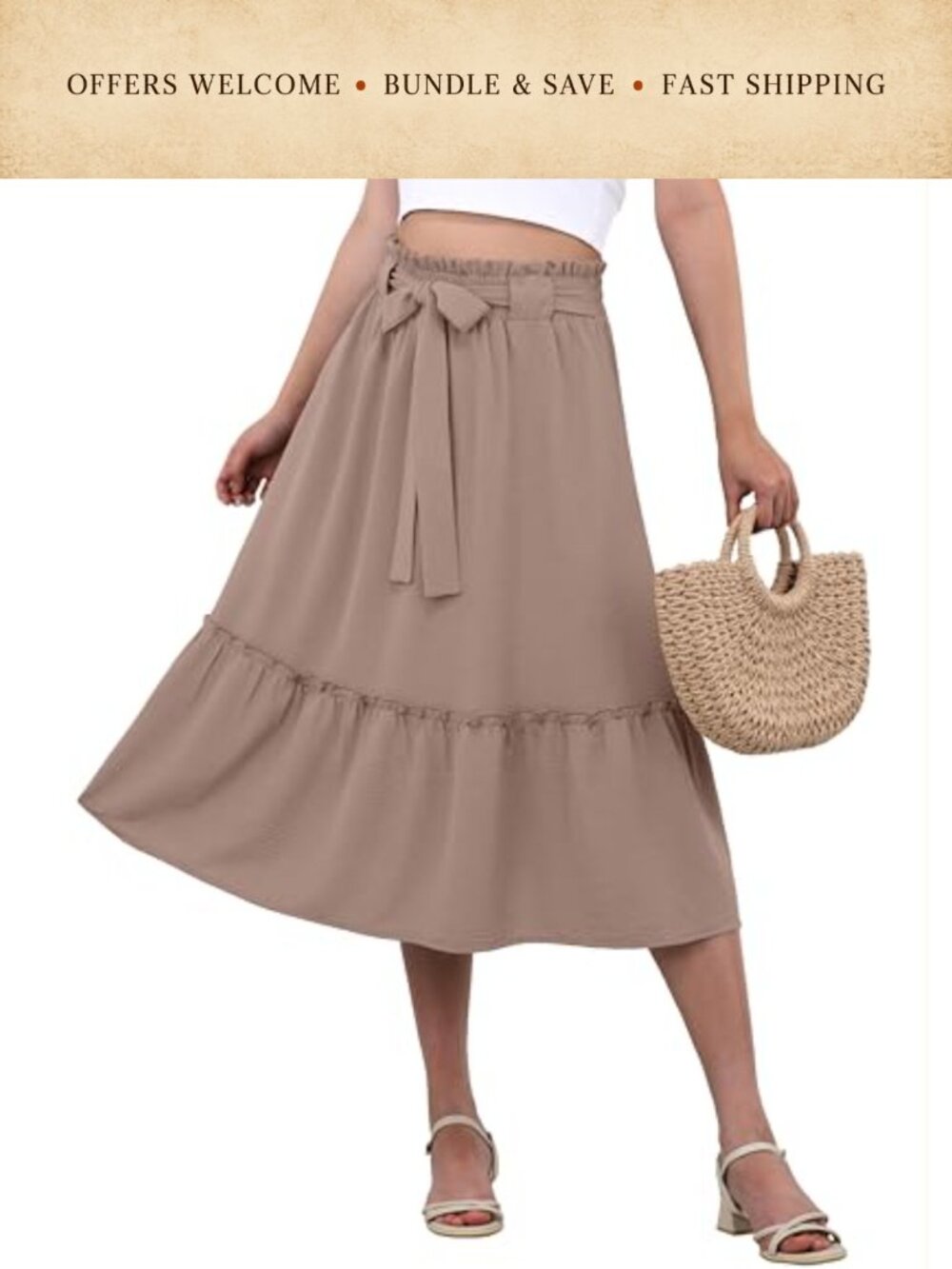 Women's Flowy Boho Midi Skirt Polyester A-Line with Pockets